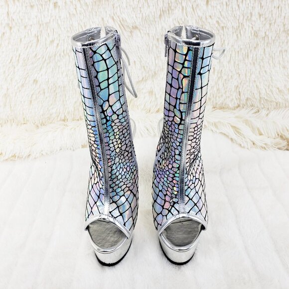Brand New Delight 1018HG Sexy Silver Hologram Platform Heels Ankle Boots - Picture 10 of 16